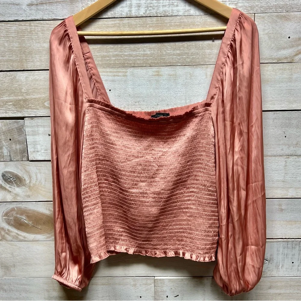 J Crew Top Womens XL Pink Satin Square Neck Smocked Puff‎ Sleeve Crop Boho